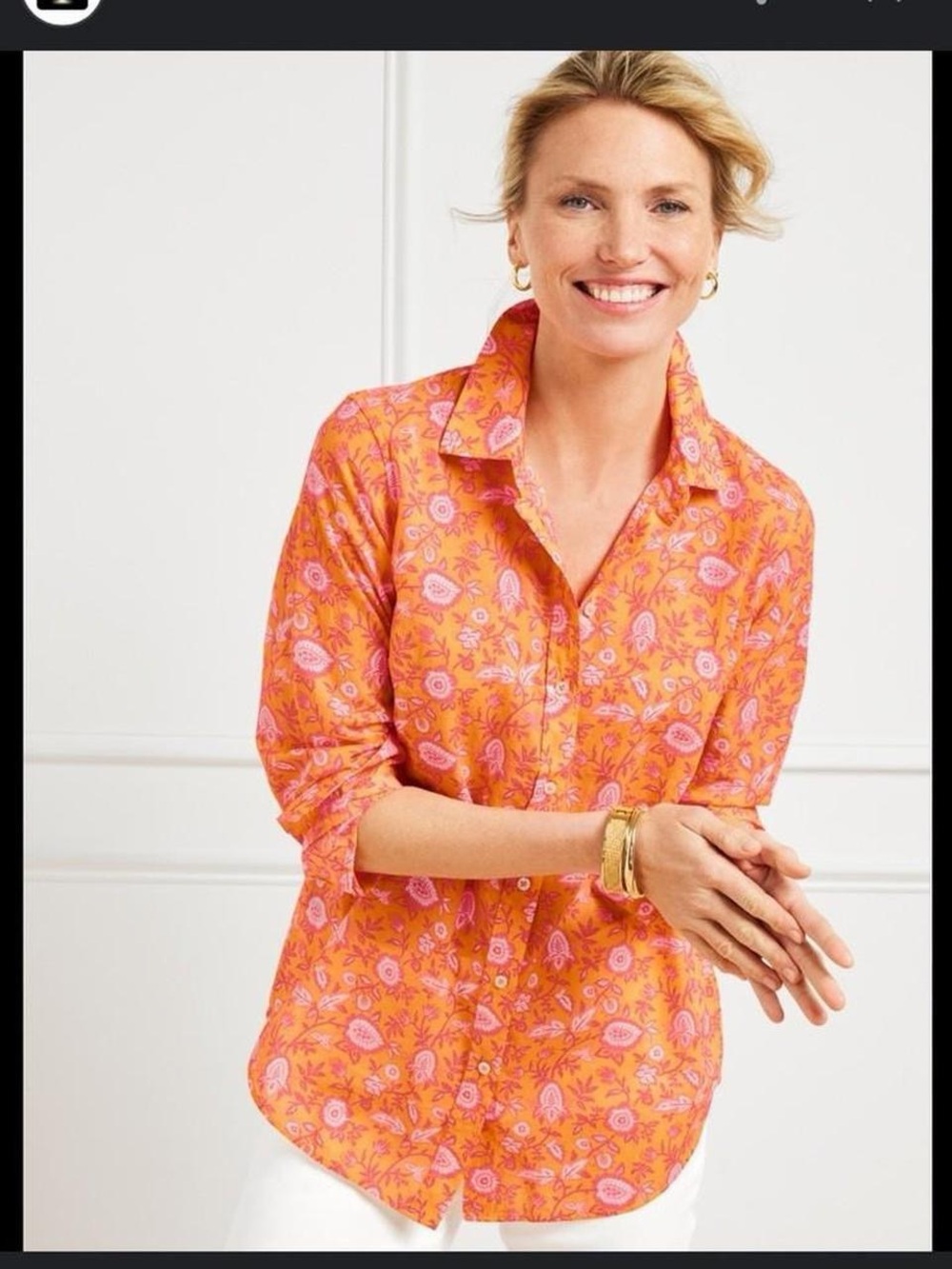 Talbots Orange Button-Front Floral Shirt with Pink Print